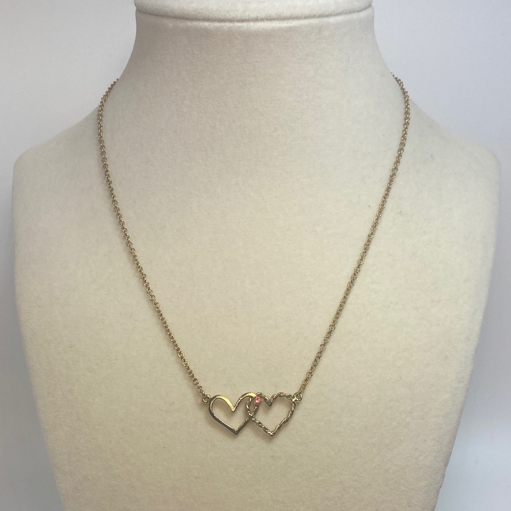 Gold Tone Double Heart Pendant Necklace 15 Inches with Birthstone for October